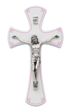 7 in. White/Pink Crucifix Boxed