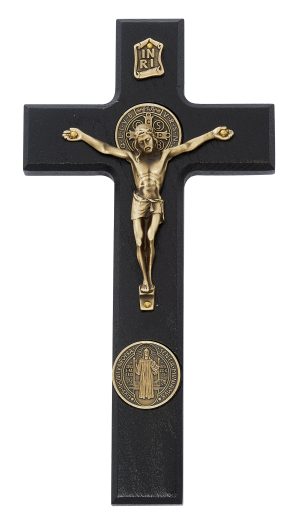 9" BLACK PAINTED WOOD WITH ANTIQUE BRONZE ST. BENEDICT CORPUS BOXED