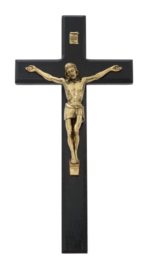 10" BEVELED BLACK WOOD WITH ANTIQUE BRONZE CORPUS CRUCIFIX BOXED