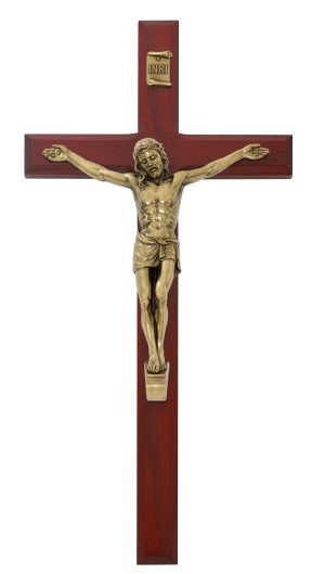 10" Beveled Cherry Stained Crucifix with antique bronze corpus Boxed