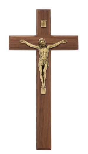 12" BEVELED WALNUT WOOD WITH ANTIQUE BRONZE CORPUS CRUCIFIX BOXED