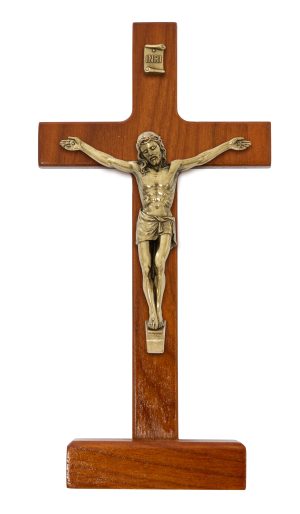 8" WALNUT STAINED WOOD WITH ANTIQUE BRONZE CORPUS STANDING CRUCIFIX BOXED