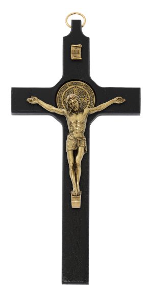 8" BLACK PAINTED WOOD WITH ANTIQUE BRONZE ST. BENEDICT CORPUS BOXED