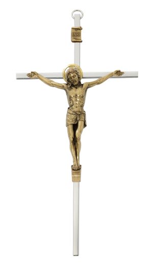 8" SILVER CROSS WITH GOLD TONE CORPUS CRUCIFIX BOXED