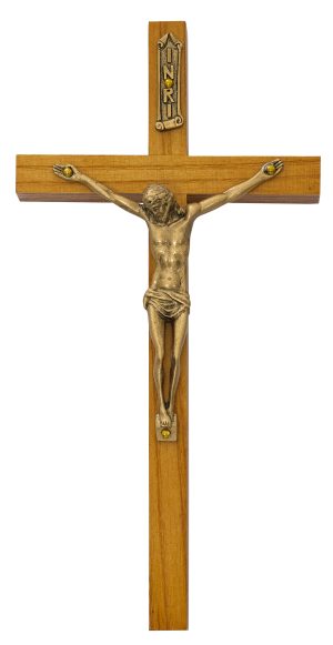 8" WALNUT STAINED WITH GOLD CORPUS CRUCIFIX BAGGED