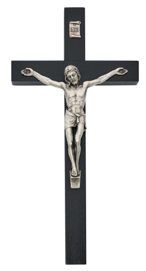 10" BLACK WOOD WITH SILVER CORPUS CRUCIFIX BAGGED