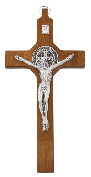 8" BROWN WOOD WITH SILVER ST BENEDICT CORPUS CRUCIFIX BAGGED