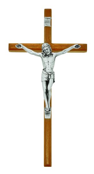 10" WALNUT STAINED WITH SILVER CORPUS CRUCIFIX BAGGED