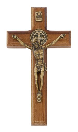 4.75" BRAZILLIAN WALNUT WOOD WITH GOLD ST BENEDICT CORPUS CRUCIFIX BOXED