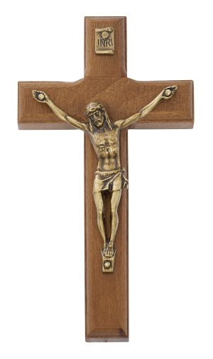 4.75" BRAZILLIAN WALNUT WOOD WITH GOLD CORPUS CRUCIFIX BOXED