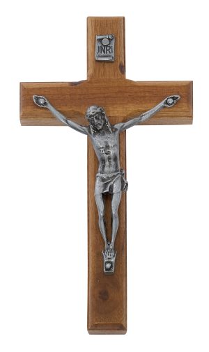 4.75" BRAZILLIAN WALNUT WOOD WITH SILVER CORPUS CRUCIFIX BOXED