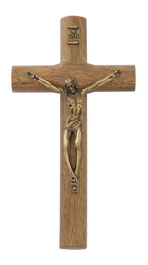 6.75" BRAZILLIAN WALNUT WOOD WITH GOLD CORPUS CRUCIFIX BOXED