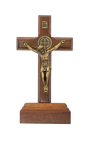 3.75" BRAZILLIAN WALNUT WOOD WITH GOLD ST BENEDICT CORPUS STANDING CRUCIFIX BAGGED
