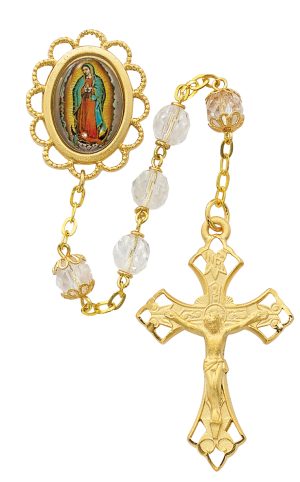 Clear Glass Guadalupe Rosary Boxed
