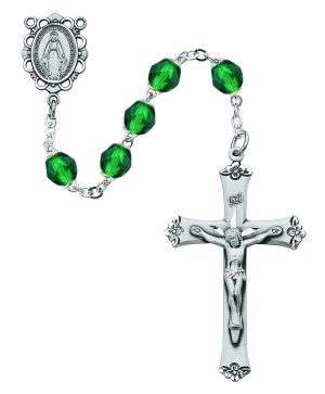 Dark Green Glass May Rosary Boxed