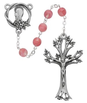 Pink Glass Dogwood Rosary Boxed