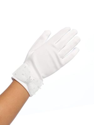 Matte Satin Communion Gloves with Organza Bow Rhinestones