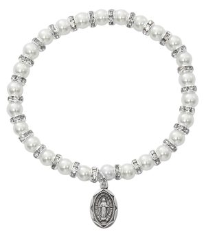 White Baby Stretch Bracelet and Sterling Medal Boxed