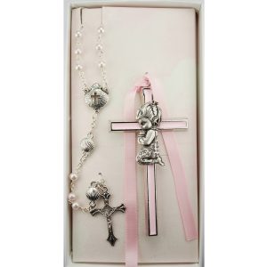 Pink Crib Cross and Pink Rosary Set Boxed