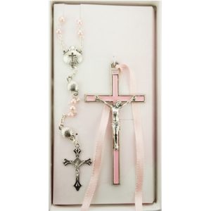 Pink Shell Rosary and Pink Crucifix Set Boxed