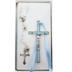 Blue Shell Rosary and Pink Crucifix Set Boxed