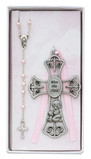 Baby Girl and Puppy Crib Cross and Rosary Boxed