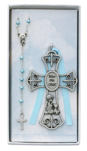 Baby Boy and Puppy Crib Cross and Rosary Boxed
