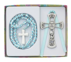 Boys Blue Cross Rosary With Crib Medal boxed
