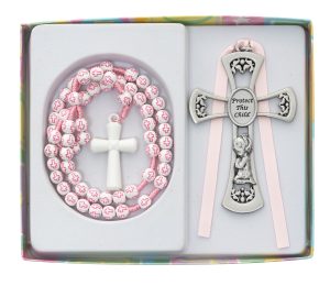 Girls Pink Cross Rosary with Crib medal Boxed