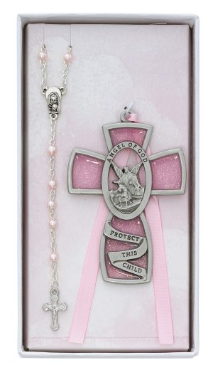 Pink Crib Cross and Pink Rosary Set Boxed