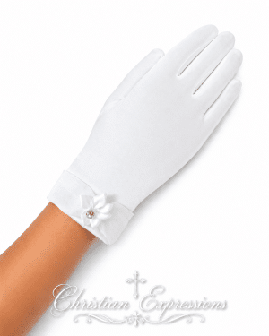 Satin First Communion gloves with flower & rhinestone accents