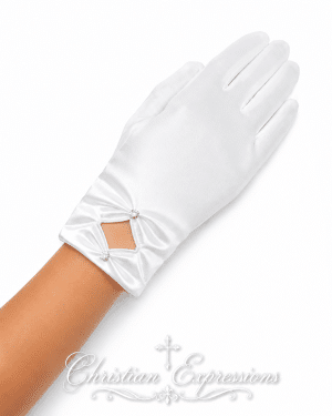Satin Communion Gloves with Rhinestone Accents