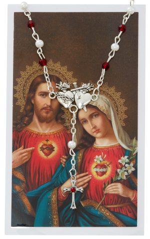 TWO HEART PEARL & GARNET NECKLACE WITH HOLY CARD