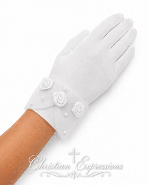 Matte Satin Communion Gloves Organza Cuff Roses