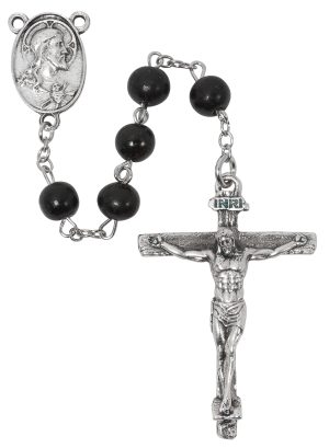 BLACK WOOD SACRED HEART ROSARY BOXED