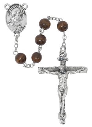 BROWN WOOD SACRED HEART ROSARY BOXED