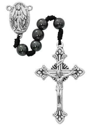 CORDED MIRACULOUS HEMATITE ROSARY BOXED