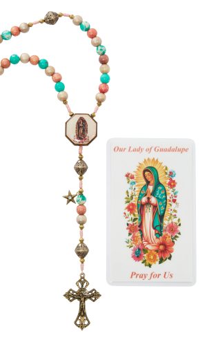 ANTIQUE GOLD GUADALUPE ROSARY CLEAR BOX