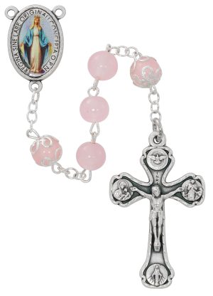 PINK GLASS MIRACULOUS ROSARY PLASTIC BOX