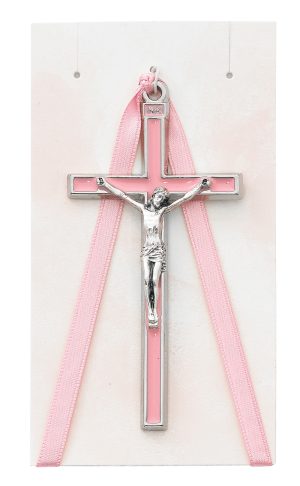 3.75 IN. PINK CRIB CRUCIFIX WITH PINK RIBBON CARDED
