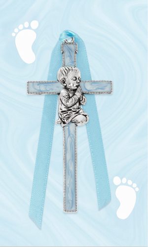 3.5" BLUE BOY CRIB CROSS RIBBON CARDED