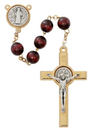 MAHOGANY WOOD ST BENEDICT ROSARY DELUXE BOXED