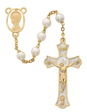 Pearl like Holy Mass Crucifix Rosary Boxed