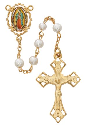 Pearl like Glass Guadalupe Rosary Boxed