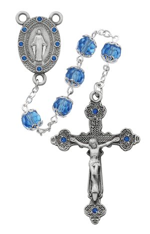 Blue Capped Glass Rosary Boxed