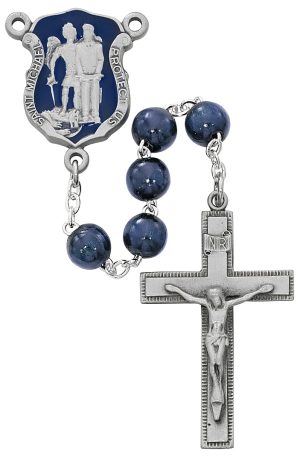 Blue Wood St Michael Badge Rosary Boxed