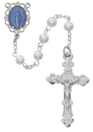White with Blue Miraculous Rosary Boxed