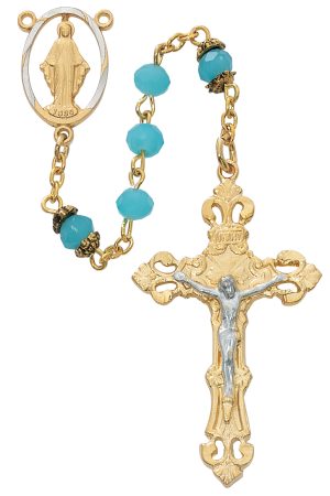 Gold Aqua Glass Rosary Boxed