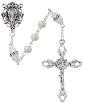 Pearl and Crystal Rosary with Zinc Center and Crucifixed
