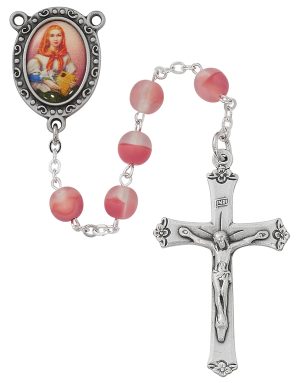 7MM PINK Frosted ST. DYMPHNA Decal Image ROSARY boxed